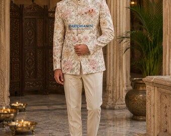 Mens Ivory Floral Embroidered Jodhpuri Suit Wedding Groom Bandhgala Jacket with Cream Pants | Paridhanin.