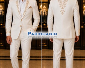 Mens Ivory Embroidered 2 Piece Suit Wedding Groom Outfit Gold Floral Formal Blazer | Paridhanin.