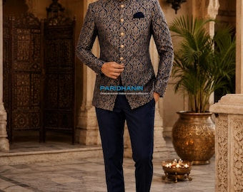 Mens Navy Blue Gold Brocade Jodhpuri Suit Wedding Groom Bandhgala Outfit | Paridhanin.