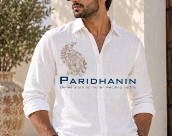 Mens White Linen Shirt Embroidered Paisley Floral Shirt Wedding Groom Casual Luxury Outfit | Paridhanin.