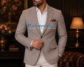Mens Brown Check Khadi Cotton Blazer Wedding Party Sport Coat Tailored Fit | Paridhanin.