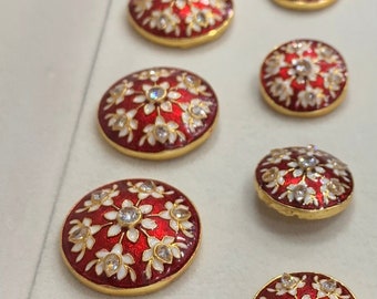Red and Gold Meena polish Indian Designer Sherwani Buttons in a set of 13