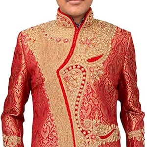 Red Mens Designer hand Embroidered Sherwani for wedding