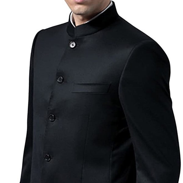 Black Mens Traditional 5 Button 2 Pc Indian Nehru Collar Suit