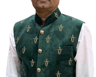 Embroidered Mens green Indian Nehru Waist Coat