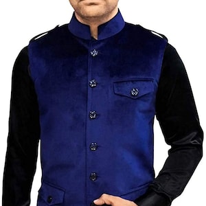 Safari Style Velvet Navy Blue Mens Indian Nehru Waist Coat