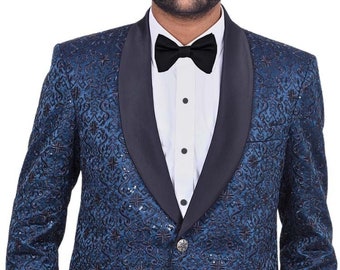 Embroidered Blue Wedding Tuxedo Suit for Men