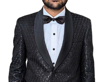 Ethnic Black Tuxedo Suit for Men with Shawl Collar