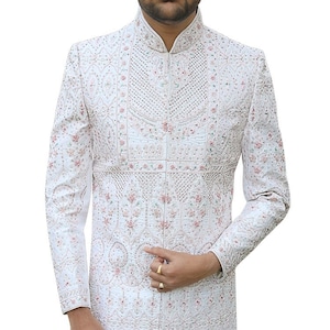 White Embroidered Groom Sherwani in Silk