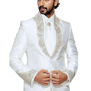 Cream 5 Piece Wedding Tuxedo Suit for Men | Tailored Groom Outfit with Gold Accent Detailing | Custom Formalwear