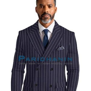 Navy Pinstripe Double-Breasted Suit for Timeless Formal Elegance | Paridhanin