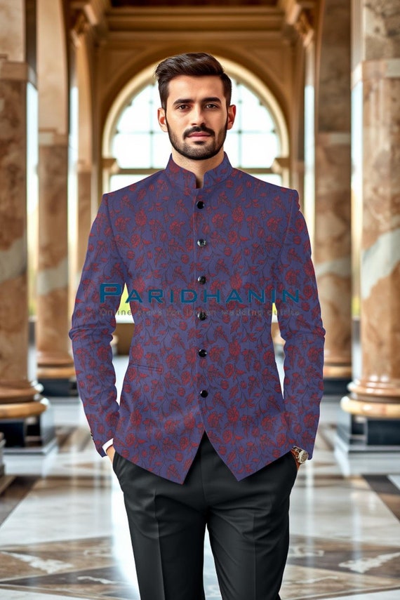 Mens Blue Floral Bandhgala Jacket Wedding Groom Indo Western Formal Suit |  Paridhanin - Etsy Israel