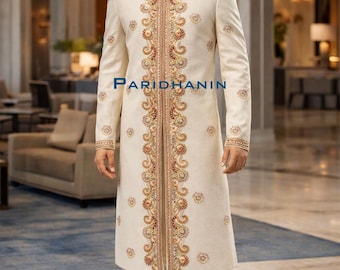Ivory Wedding Sherwani for Men Gold Embroidered Groom Sherwani Set Traditional Indian Marriage Outfit Regal Ethnic Wear