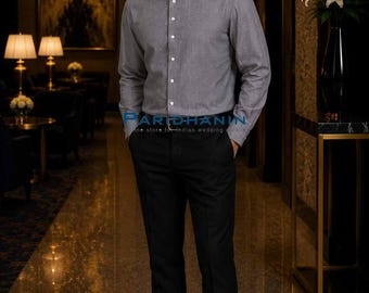 Mens Dark Gray Cotton Nehru Collar Shirt Full Sleeve Formal Casual Wear | Paridhanin.