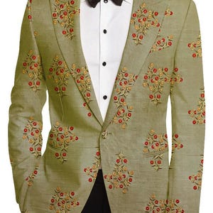 Dusty Sand Man Embroidered Floral Derby Sport Coat Wedding Blazer