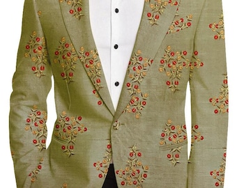 Dusty Sand Man Embroidered Floral Derby Sport Coat Wedding Blazer
