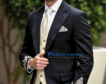 Mens Black Silver Embroidered 3 Piece Tuxedo Wedding Groom Suit | Paridhanin.