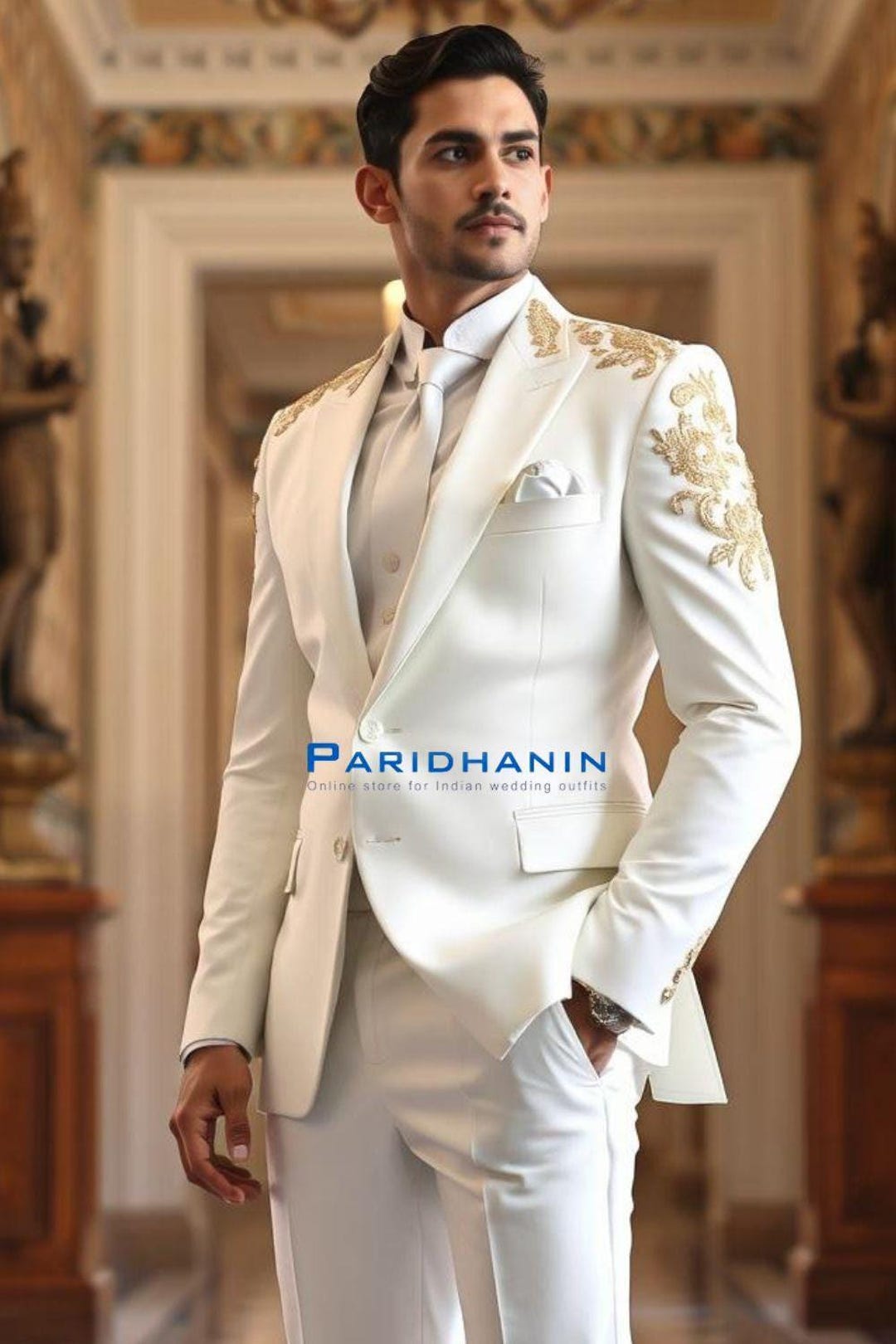 Mens White Gold Embroidered 3 Piece Wedding Tuxedo Suit Slim Fit Groom |  Paridhanin - Etsy