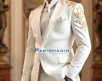 Mens White Gold Embroidered 3 Piece Wedding Tuxedo Suit Slim Fit Groom | Paridhanin