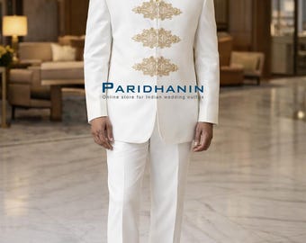 Mens Ivory Gold Embroidered Jodhpuri Suit Wedding Groom Outfit Bandhgala Royal Formal Wear | Paridhanin.