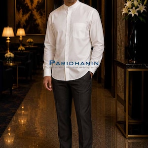 Mens white cotton Nehru collar full sleeve formal shirt with band collar