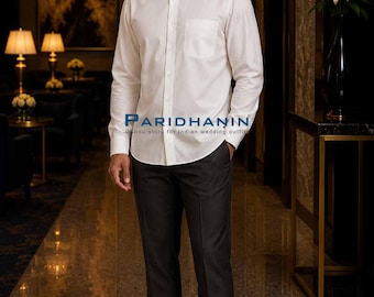 Mens White Cotton Nehru Collar Shirt Full Sleeve Formal Casual Wear | Paridhanin.