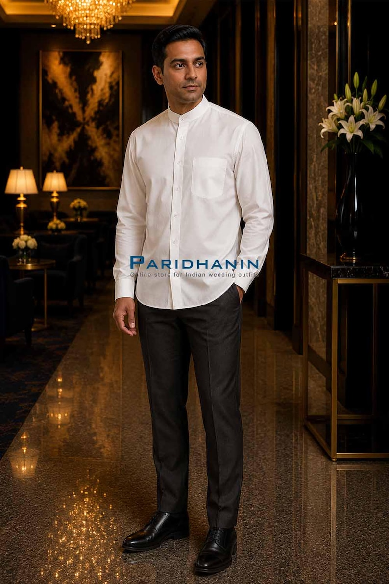 Mens white cotton Nehru collar full sleeve formal shirt with band collar