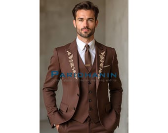 Mens Brown Embroidered 3 Piece Wedding Suit Groom Tuxedo | Paridhanin.