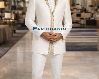 Mens Ivory Sherwani Wedding Groom Outfit Gold Embroidery Indo Western Suit | Paridhanin.