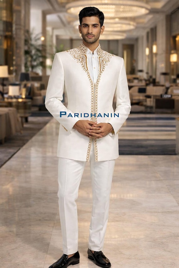 Mens Ivory Sherwani Wedding Groom Outfit Gold Embroidery Indo Western Suit  | Paridhanin. - Etsy