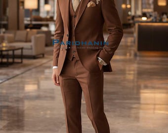 Mens Rust Brown 3 Piece Suit Wedding Groom Outfit Slim Fit Modern Formal Wear | Paridhanin.