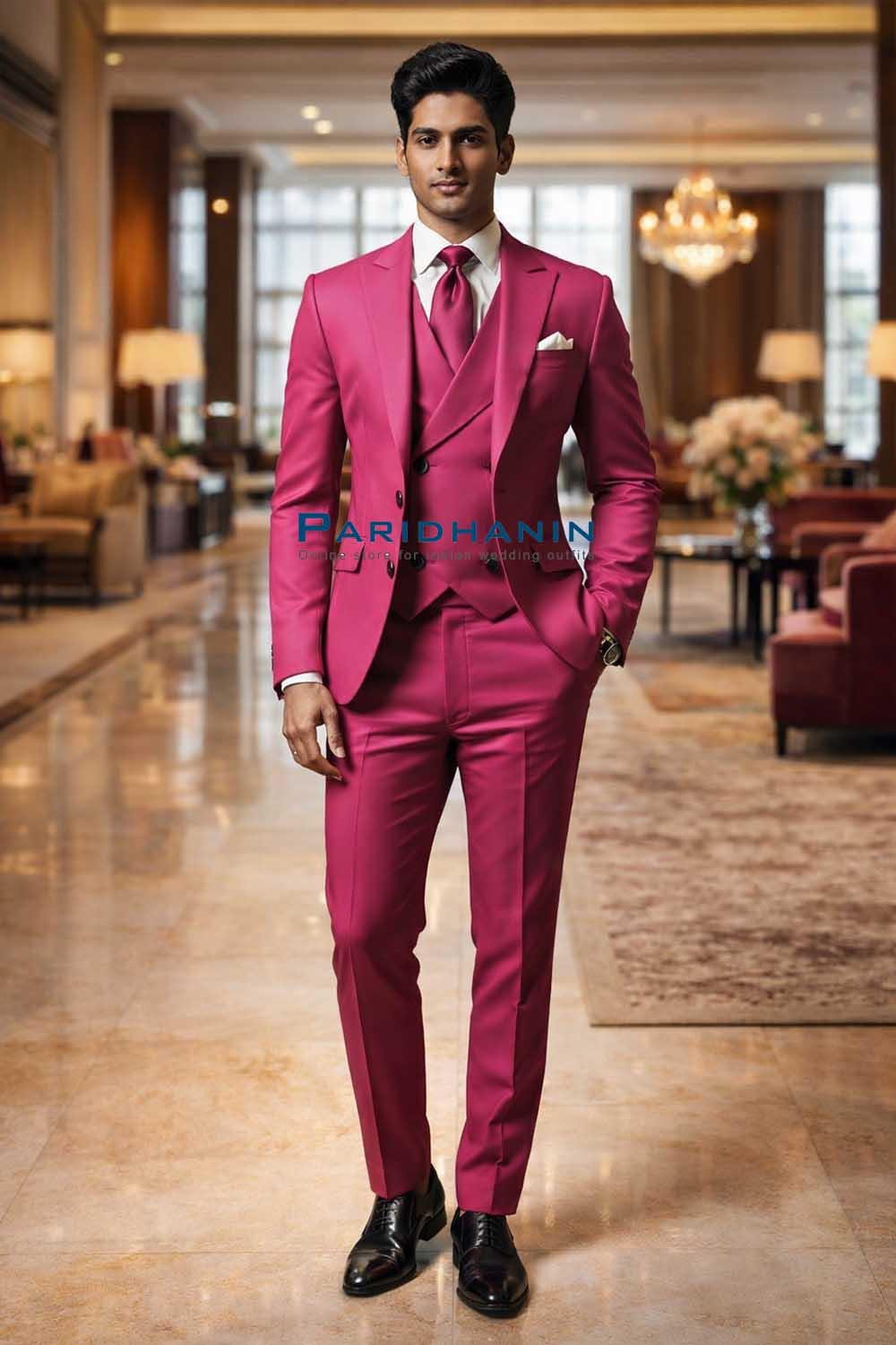 Mens Hot Pink 3 Piece Suit Wedding Groom Outfit Slim Fit Prom Formal Tuxedo Style | Paridhanin.