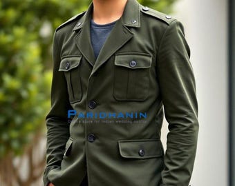 Mens Olive Military Style Jacket Casual Utility Field Jacket Structured Fit | Paridhanin