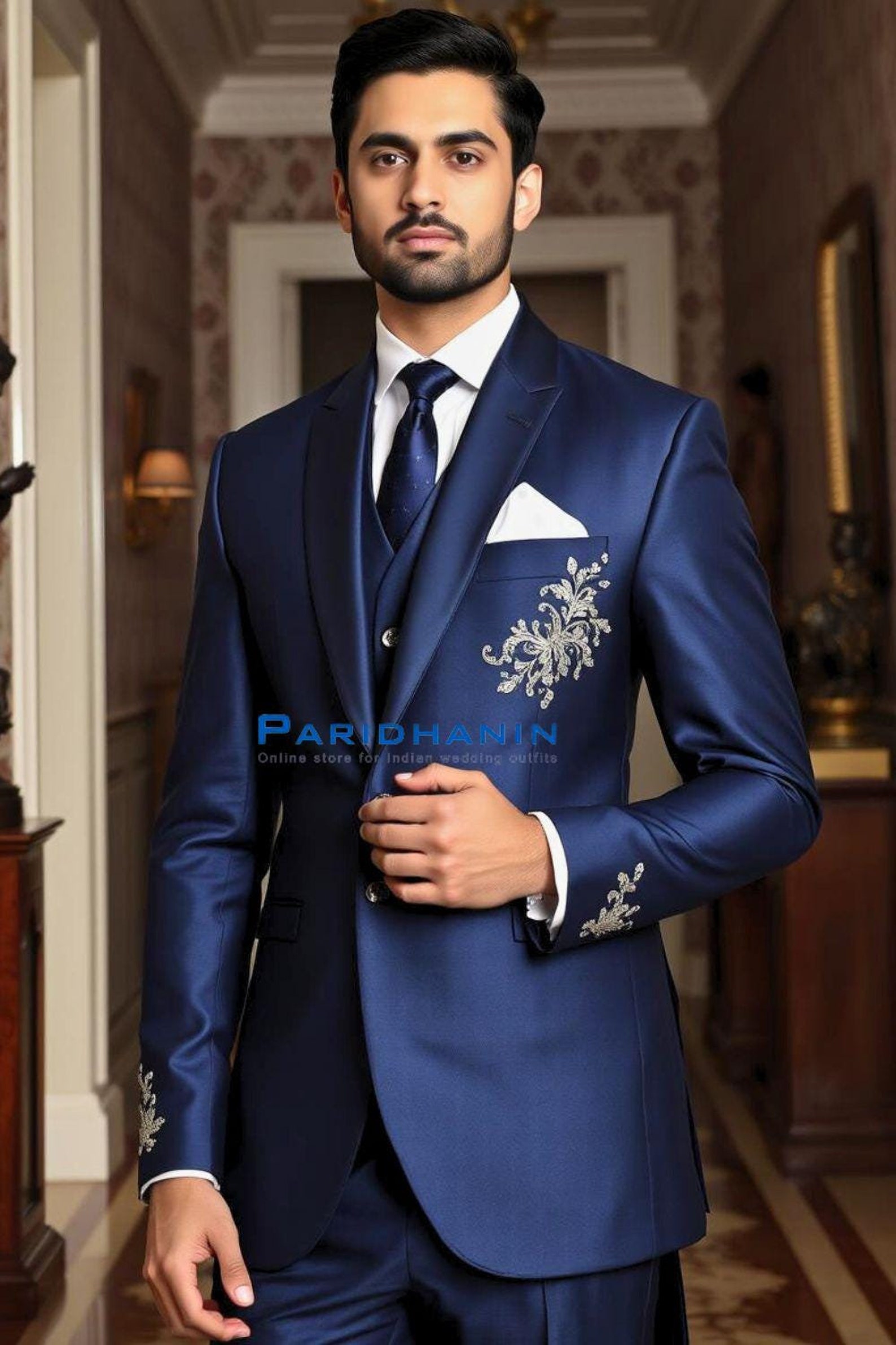Elegant Blue Men's Suit for Weddings - 3 Piece White Lapel Edge Banding