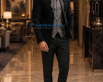 Mens Black Embroidered High Neck Tuxedo Suit Wedding 5 Piece Set | Paridhanin.