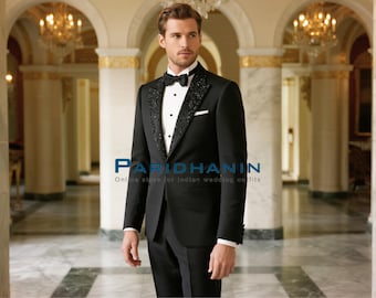 Herren schwarzer bestickter Tuxedo Anzug Hochzeit Bräutigam Outfit 2 Teiler Luxus Stil | Paridhanin