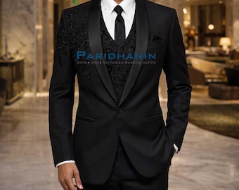 Mens Black 6 Piece Tuxedo Suit Wedding Groom Outfit Embroidered Shawl Lapel Formal Attire | Paridhanin.