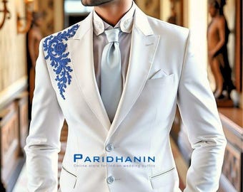 Mens White Embroidered Tuxedo Wedding Groom 2 Piece Designer Suit | Paridhanin.