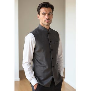 Charcoal Slim Fit Nehru Vest for Men – Handcrafted Elegance, Stylish Menswear, Bespoke Tailoring, Formal Occasion Wear Jacket