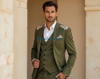 Mens Olive Green 3 Piece Tuxedo Suit Wedding Groom Outfit White Embroidered Formal Attire | Paridhanin.