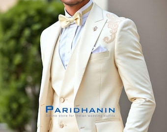 Mens Cream Ivory 3 Piece Tuxedo Suit Wedding Groom Outfit Gold Embroidered Formal Attire | Paridhanin.