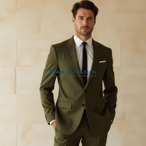 Groom Khaki Green Two Piece Suit  – Wedding Formal Wear | Tailored Fit Green Blazer & Pants