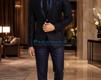 Mens Navy Blue 3 Piece Tuxedo Wedding Groom Suit Satin Lapel Slim Fit Prom Outfit | Paridhanin.