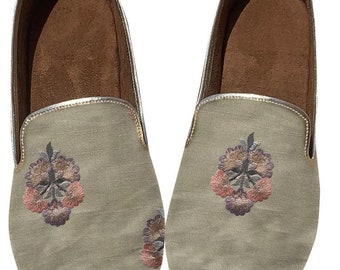 Mens Beige embroidered Indian wedding Royal Loafer shoes