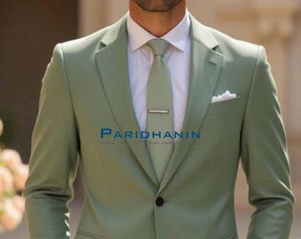 Mens Dusty Green 2 Piece Suit Wedding Groom Slim Fit Formal Outfit | Paridhanin.