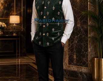 Mens Dark Green Velvet Nehru Vest Embroidered Wedding Groomsman Waistcoat | Paridhanin.