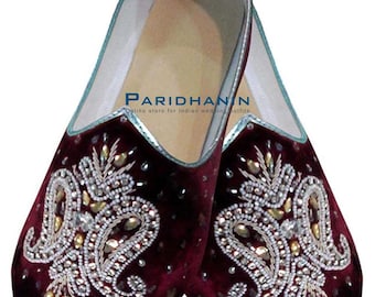 Mens Maroon Velvet Embroidered Mojari Wedding Jutti Royal Slip On Shoes | Paridhanin.