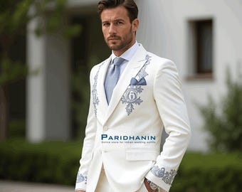 Mens Ivory Embroidered Tuxedo Wedding Groom Suit 3 Piece | Paridhanin.