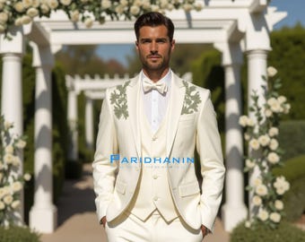 Mens Buttercream Ivory 3 Piece Tuxedo Suit Wedding Groom Outfit Green Embroidered Formal Attire | Paridhanin.