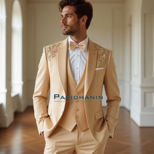 Light Beige 3 Piece Wedding Tuxedo | Custom Tailored Men&#39;s Suit | Handmade Formal Outfit for Groom | Gift for Him
